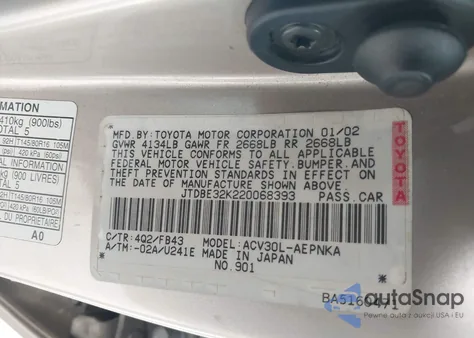 2002 Toyota Camry Le from USA, damaged, VIN JTDBE32K220068393